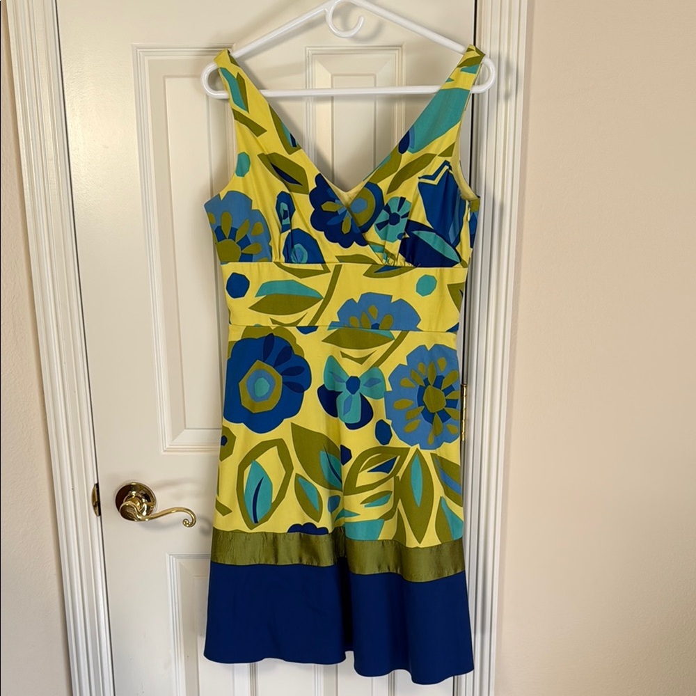 Floral Sleeveless Dress in Blue and yellow/green, size 8